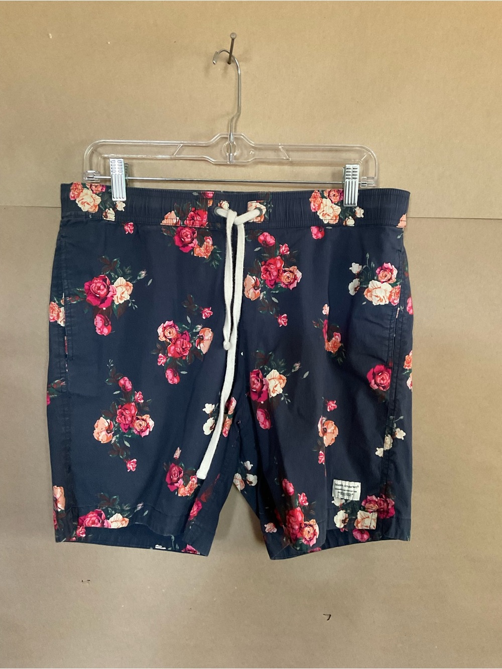 Modern Amusement Men's Floral Swim Trunks - Navy with Pink Rose Print. Size M.